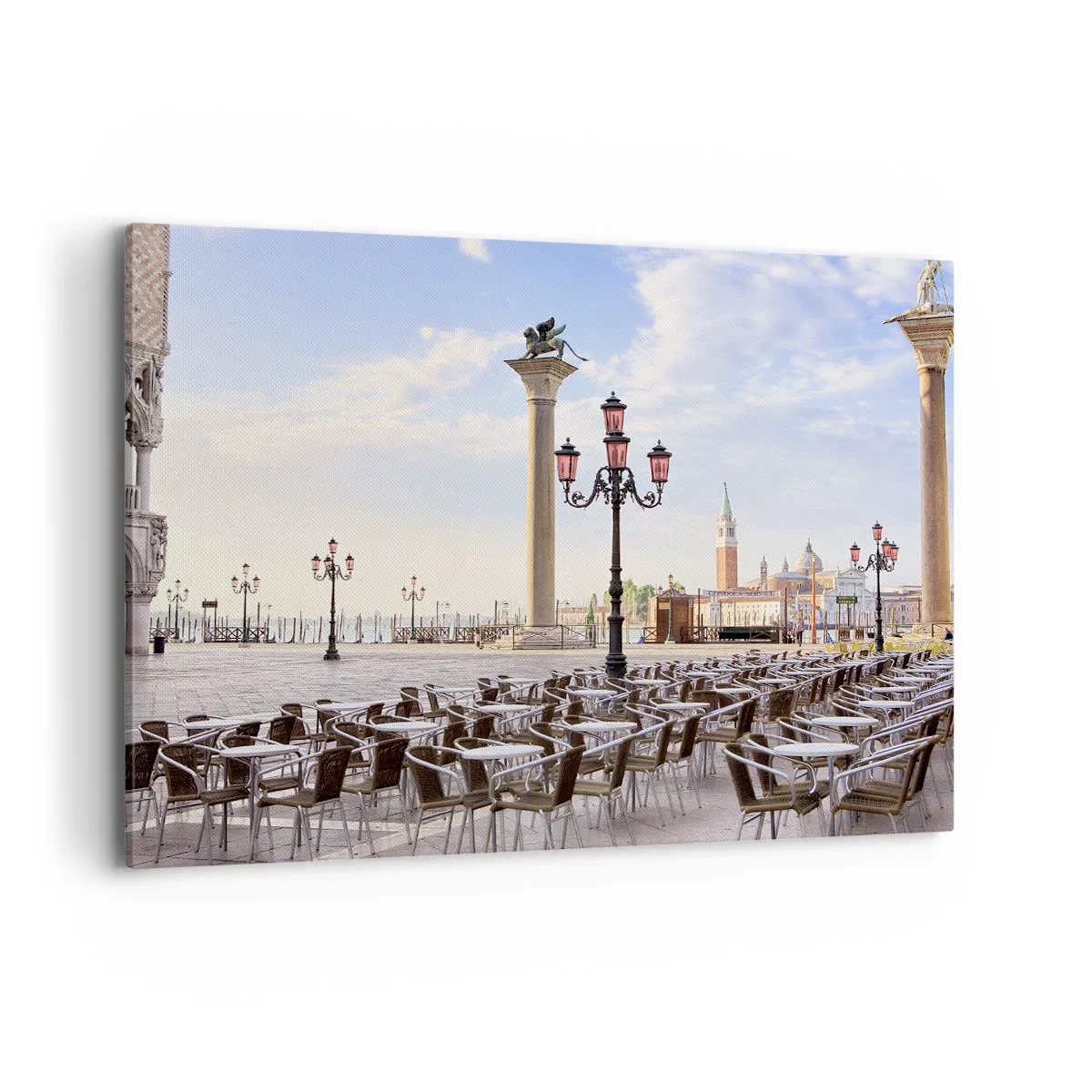 Impression sur toile - Image sur toile - Venise, vue de la place avec des colonnes et des tables de café - 100x70cm - Nous vous invitons, tout est prêt - Décoration murale moderne pour le salon et la chambre ARTTOR