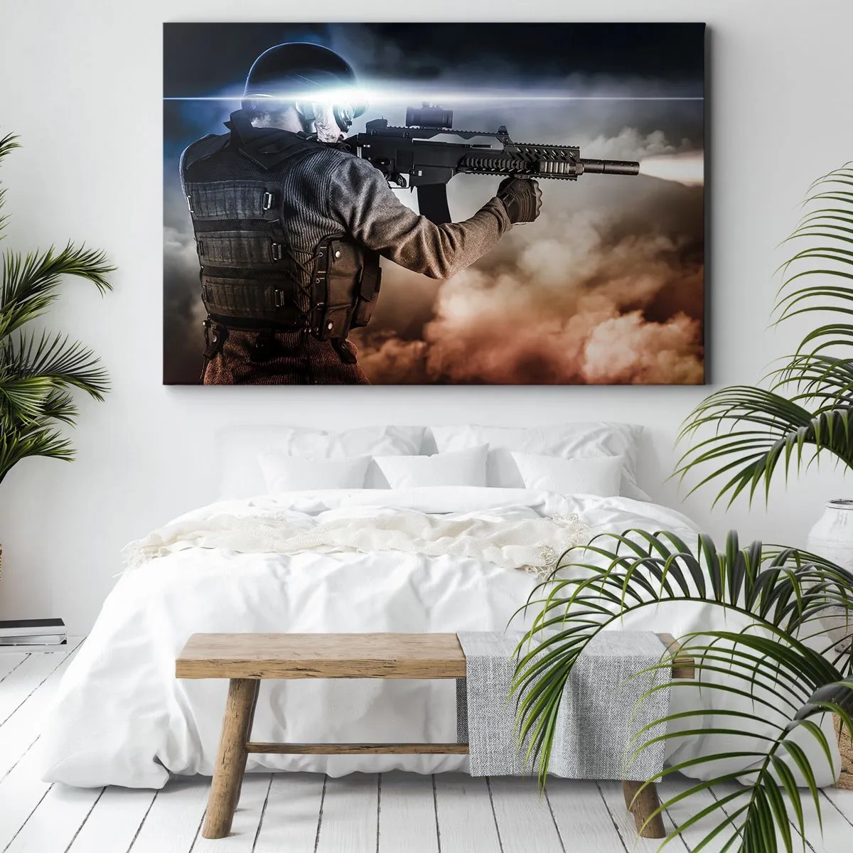 Impression sur toile - Image sur toile - Un soldat en action avec un fusil sur fond de nuages et de lumière. - 100x70cm - Tout simplement un héros - Décoration murale moderne pour le salon et la chambre ARTTOR
