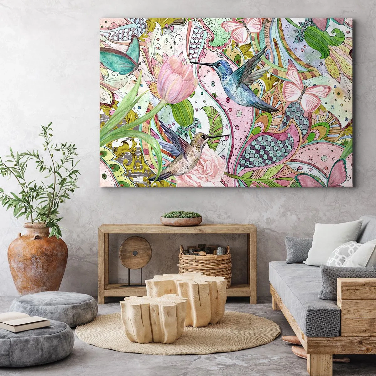 Impression sur toile - Image sur toile - Colibris et papillons colorés parmi les plantes - 70x50cm - Empêtré dans les vignes - Décoration murale moderne pour le salon et la chambre ARTTOR