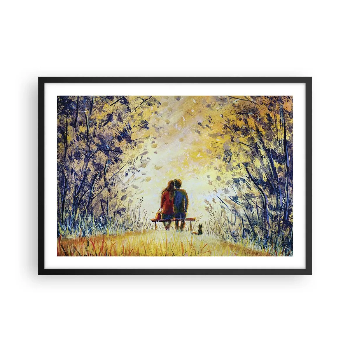 Affiche dans un cadre noir - Poster - Un couple assis sur un banc parmi les arbres d'automne au soleil - 70x50cm - Moment magique - Décoration murale moderne pour le salon et la chambre ARTTOR