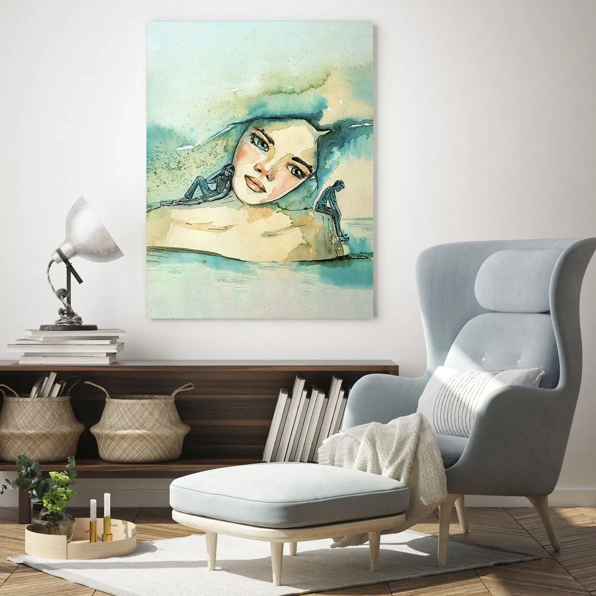 Impression sur verre - Image sur verre - Aquarelle d'un visage de femme avec un motif réfléchissant - 80x120cm - Suis-je bleu? - Décoration murale moderne pour le salon et la chambre ARTTOR