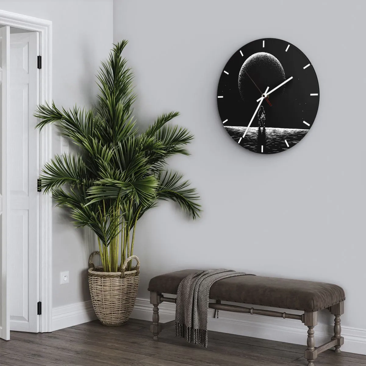 Horloge murale - Pendule murale - Silhouette d'un astronaute devant une grande planète dans l'espace - 30x30cm - Face à face - Décoration murale moderne pour le salon, la cuisine et la chambre ARTTOR
