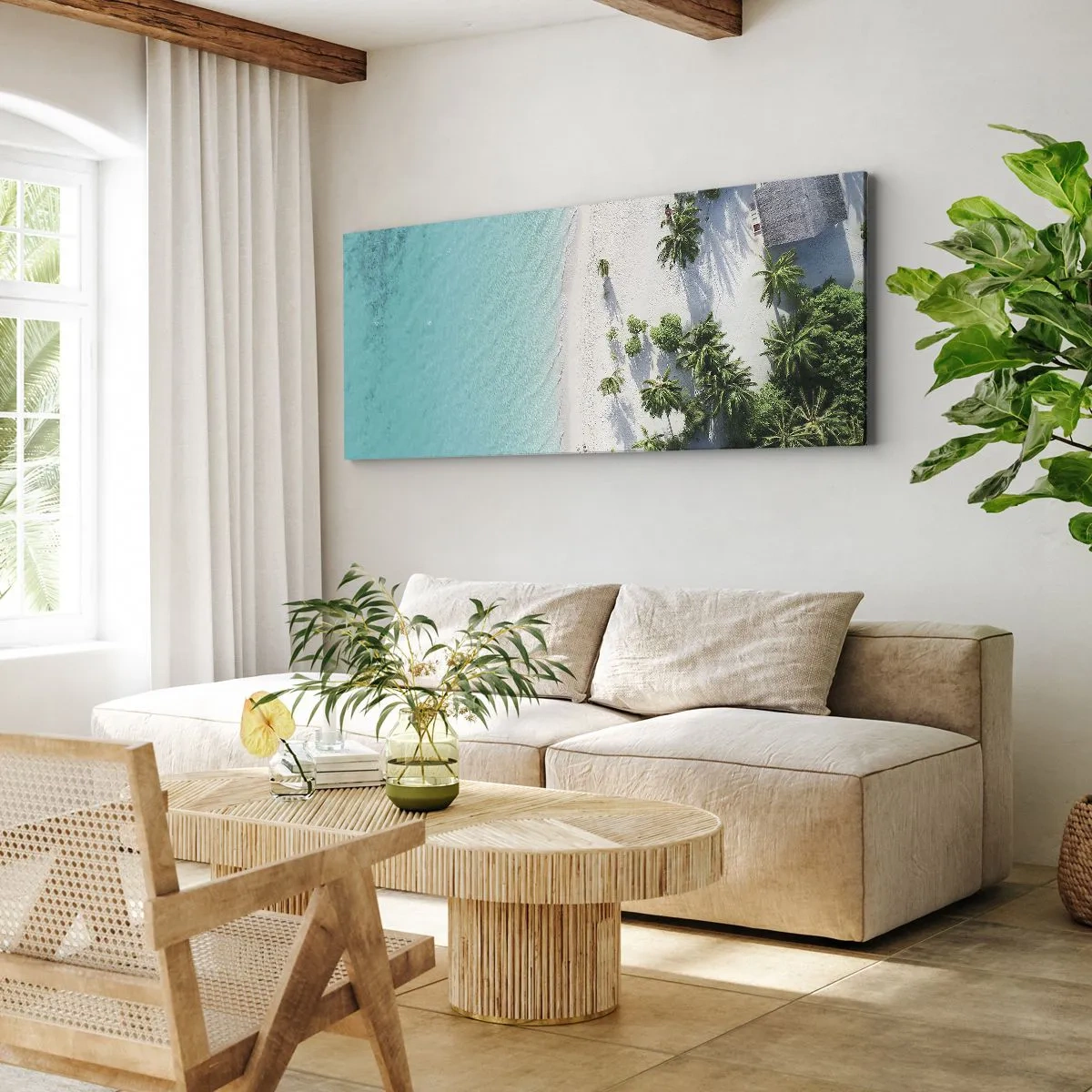Impression sur toile - Image sur toile - Vue plongeante sur une plage tropicale avec de l'eau turquoise et des palmiers - 140x50cm - Vacances au paradis - Décoration murale moderne pour le salon et la chambre ARTTOR
