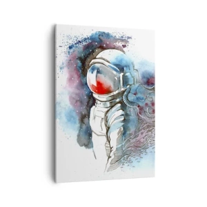 Impression sur toile - Image sur toile - Un cosmonaute dans une aquarelle dynamique avec des détails cosmiques - 50x70cm - Seul avec l'espace - Décoration murale moderne pour le salon et la chambre ARTTOR