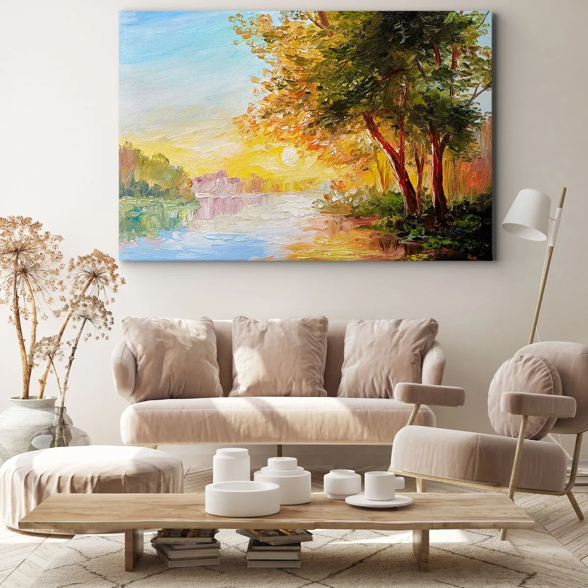Impression sur toile - Image sur toile - Un paysage pittoresque avec une rivière et des arbres au coucher du soleil - 120x80cm - Et in Arcadia ego - Décoration murale moderne pour le salon et la chambre ARTTOR