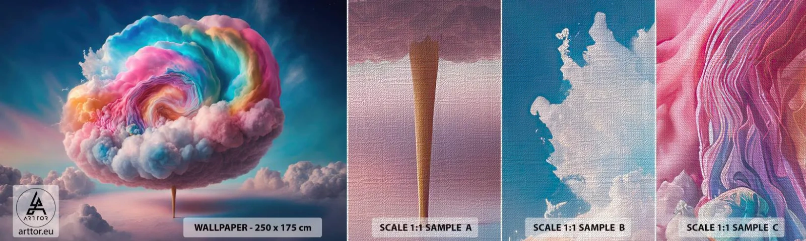 Échantillon de Papier Peint Premium Canvas - Le rêve d'un parc d'attractions - Pastel, Des nuages, Sucré - 100x30 cm