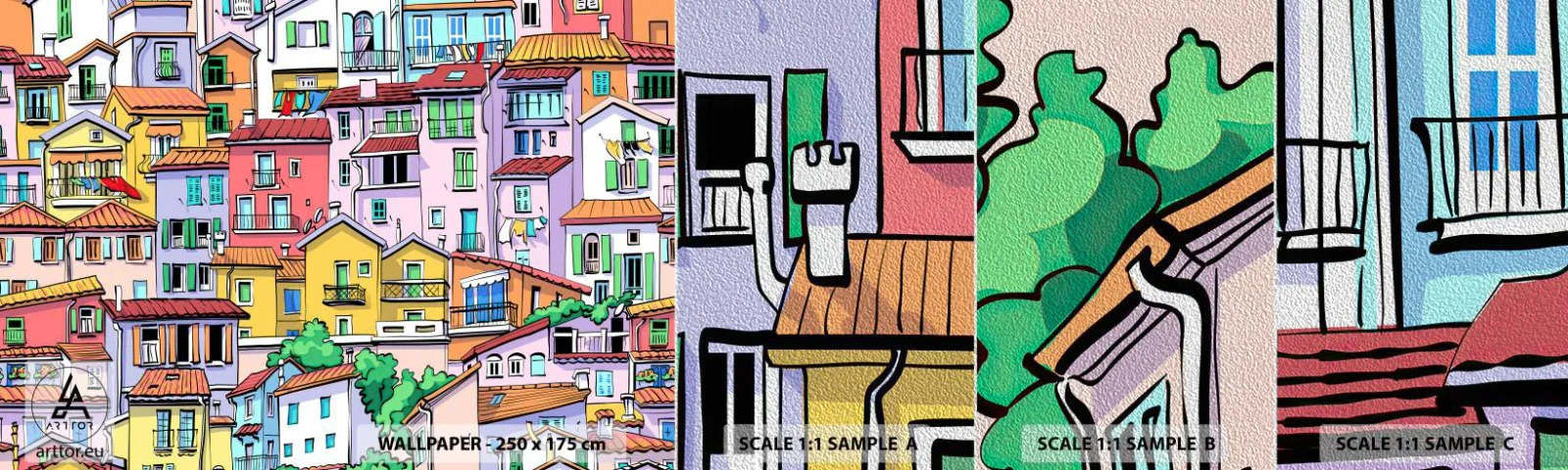 Échantillon de Papier Peint Premium Sand - Ville joyeuse - Ville, Immeubles d'habitation, Maisons - 100x30 cm