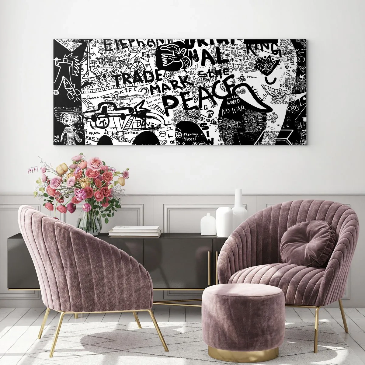 Impression sur verre - Image sur verre - Graphiques en noir et blanc avec des motifs graffitis - 120x50cm - La richesse des rues - Décoration murale moderne pour le salon et la chambre ARTTOR