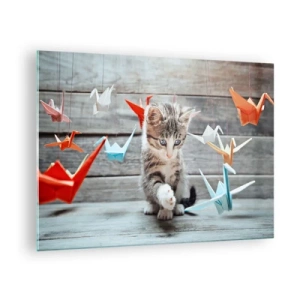 Impression sur verre - Image sur verre - Un chat jouant avec des grues en origami colorées - 70x50cm - Première leçon - Décoration murale moderne pour le salon et la chambre ARTTOR