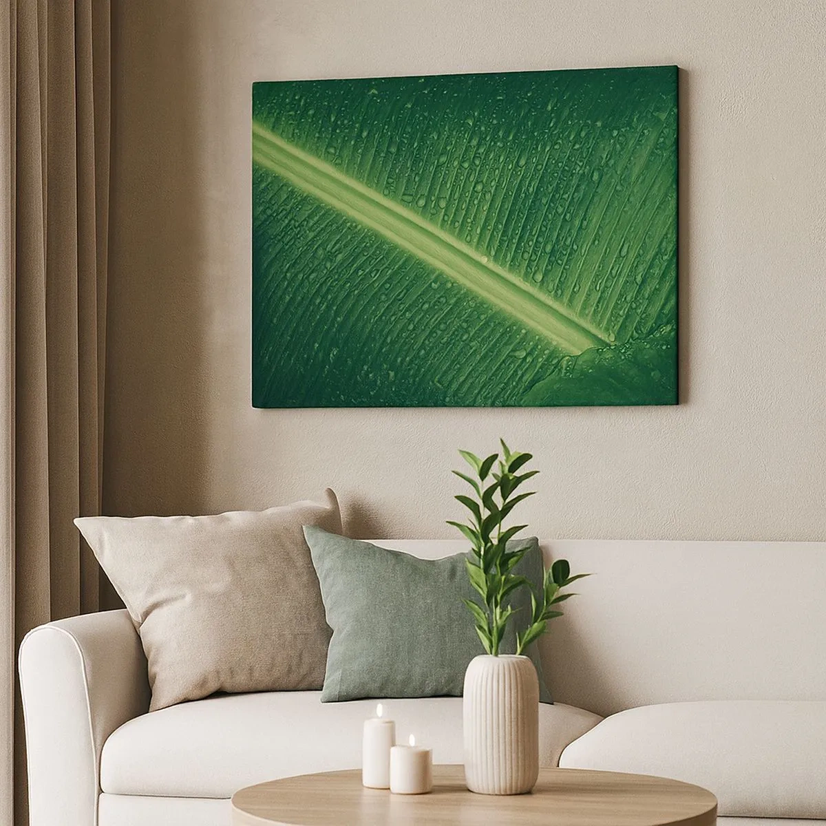 Impression sur toile - Image sur toile - Une feuille verte avec des gouttes d'eau à sa surface - 70x50cm - Structure de vert - Décoration murale moderne pour le salon et la chambre ARTTOR