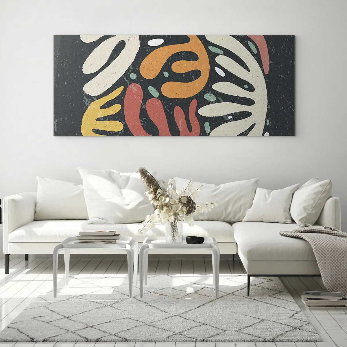 Impression sur verre - Image sur verre - Formes abstraites aux couleurs chaudes sur fond sombre - 160x50cm - Composition – Je suis sur le point de t'attraper - Décoration murale moderne pour le salon et la chambre ARTTOR