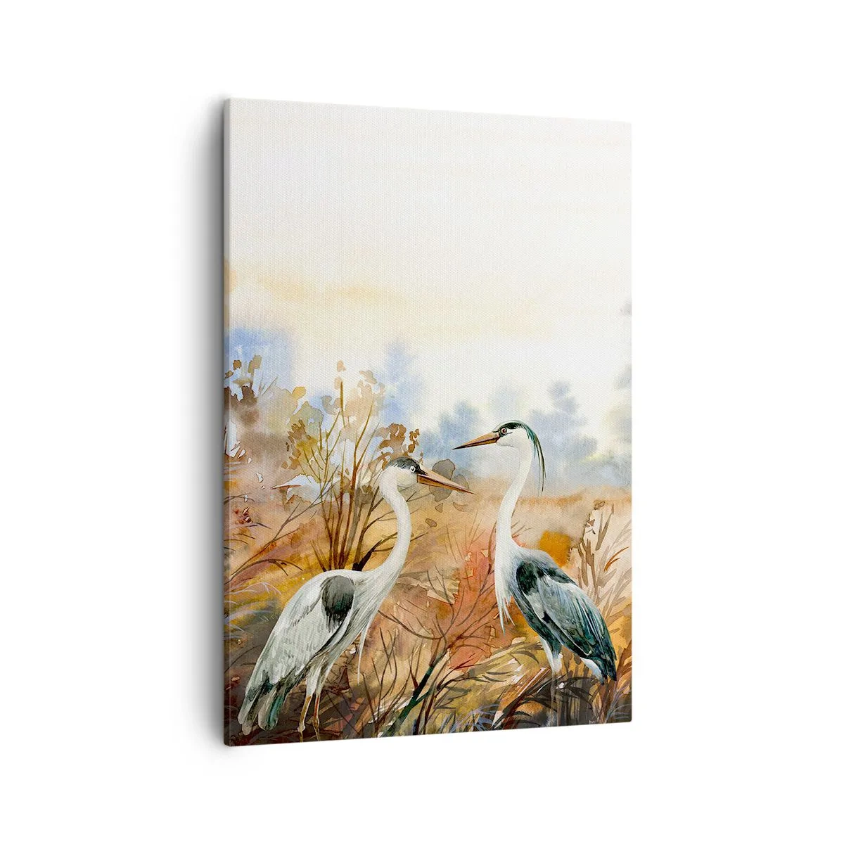 Impression sur toile - Image sur toile - Deux hérons sur fond de paysage d'automne - 50x70cm - Jusqu'où en automne ? - Décoration murale moderne pour le salon et la chambre ARTTOR