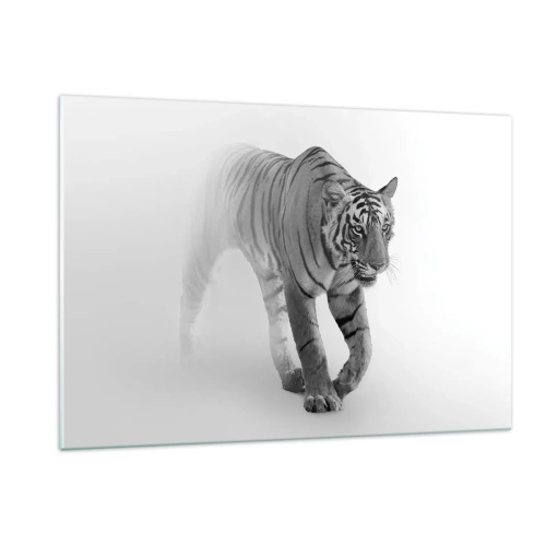 Impression sur verre - Image sur verre - Un tigre marchant dans la brume, avec un flou subtil en arrière-plan - 120x80cm - Accroupi dans le brouillard - Décoration murale moderne pour le salon et la chambre ARTTOR