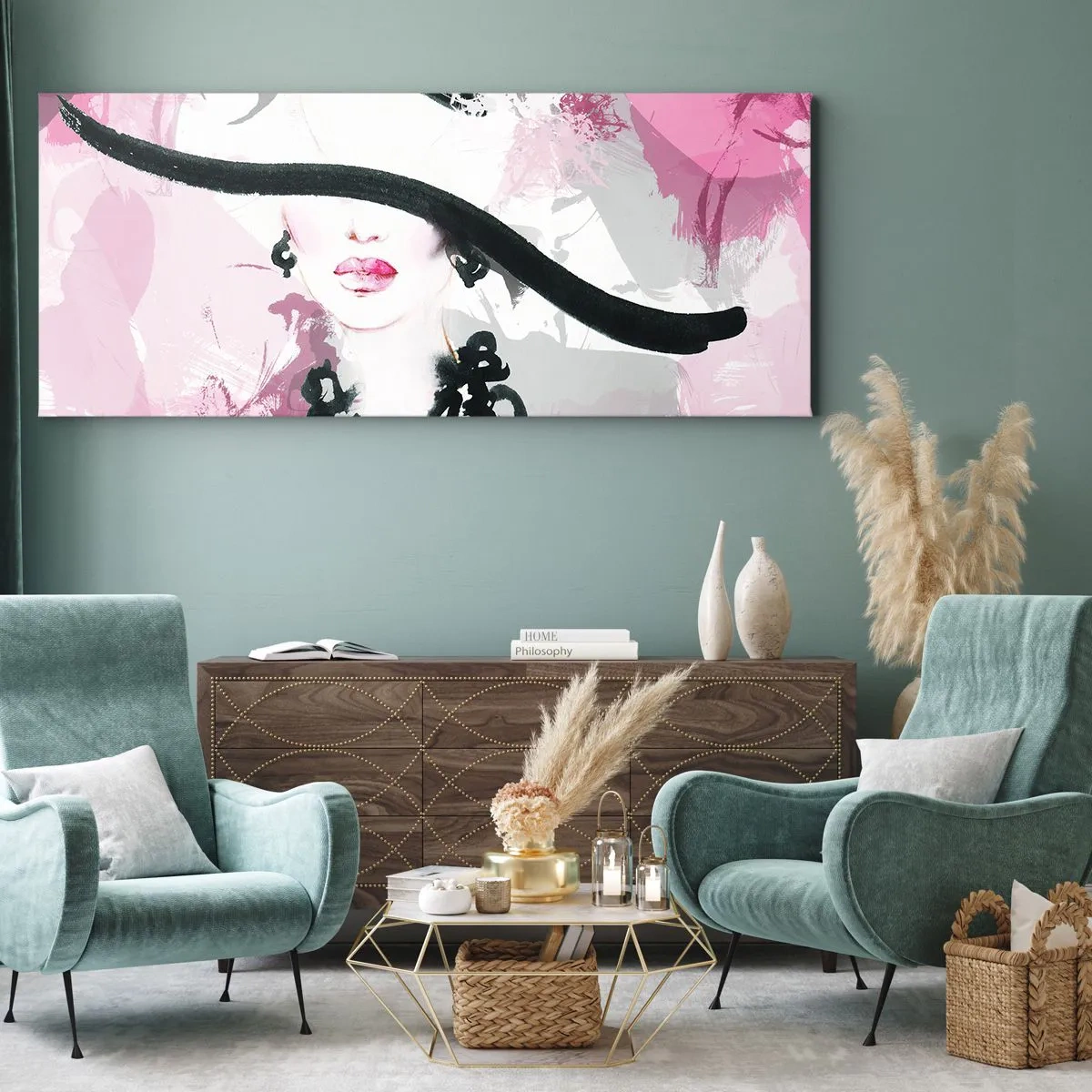 Impression sur toile - Image sur toile - Une femme élégante avec un chapeau sur un fond d'abstractions roses. - 140x50cm - Portrait d'une dame en noir et rose - Décoration murale moderne pour le salon et la chambre ARTTOR