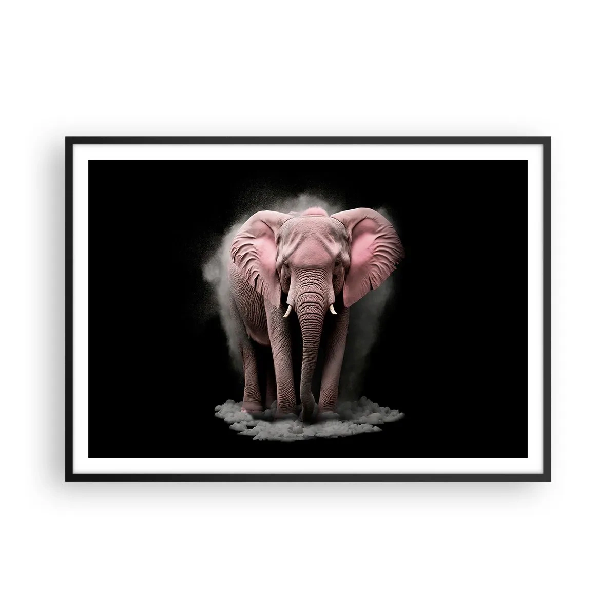 Affiche dans un cadre noir - Poster - Une interprétation artistique d'un éléphant rose sur fond noir - 100x70cm - Ne pensez pas à un éléphant rose ! - Décoration murale moderne pour le salon et la chambre ARTTOR