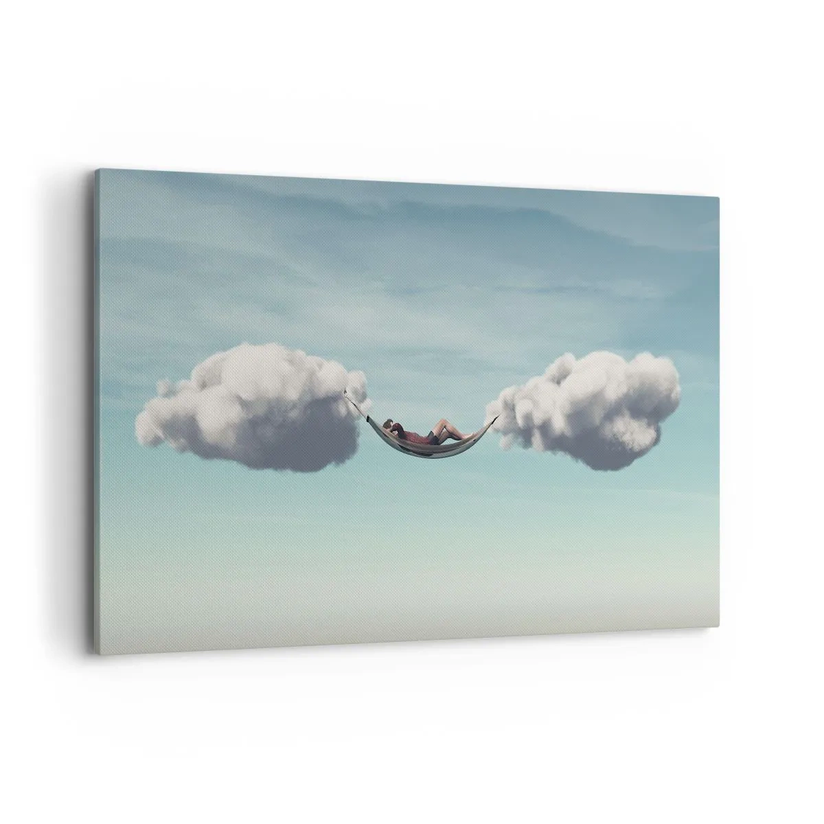 Impression sur toile - Image sur toile - Une personne se détendant dans un hamac suspendu dans les nuages - 120x80cm - Instant de bonheur - Décoration murale moderne pour le salon et la chambre ARTTOR