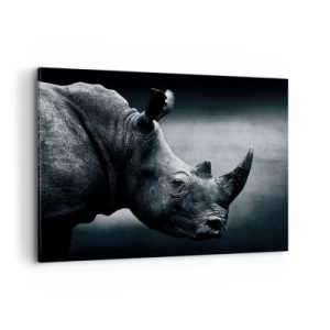 Impression sur toile - Image sur toile - Portrait noir et blanc d'un rhinocéros sur fond sombre - 100x70cm - Le profil droit - Décoration murale moderne pour le salon et la chambre ARTTOR