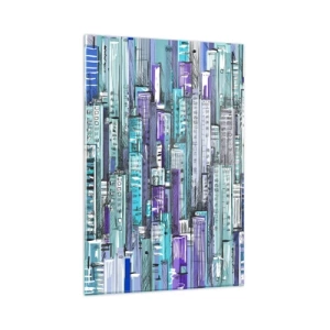Impression sur verre - Image sur verre - Illustration d'une ville avec des bâtiments géométriques dans des tons de bleu et de violet. - 80x120cm - Bleuâtre avec le ciel - Décoration murale moderne pour le salon et la chambre ARTTOR