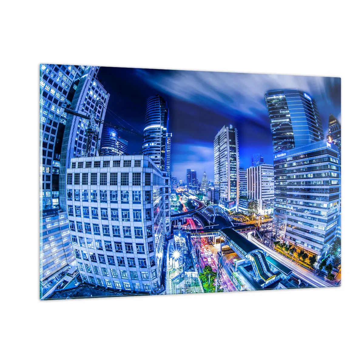 Impression sur verre - Image sur verre - Panorama d'une ville moderne la nuit avec des lumières vives - 120x80cm - Rythmes de la ville nocturne - Décoration murale moderne pour le salon et la chambre ARTTOR