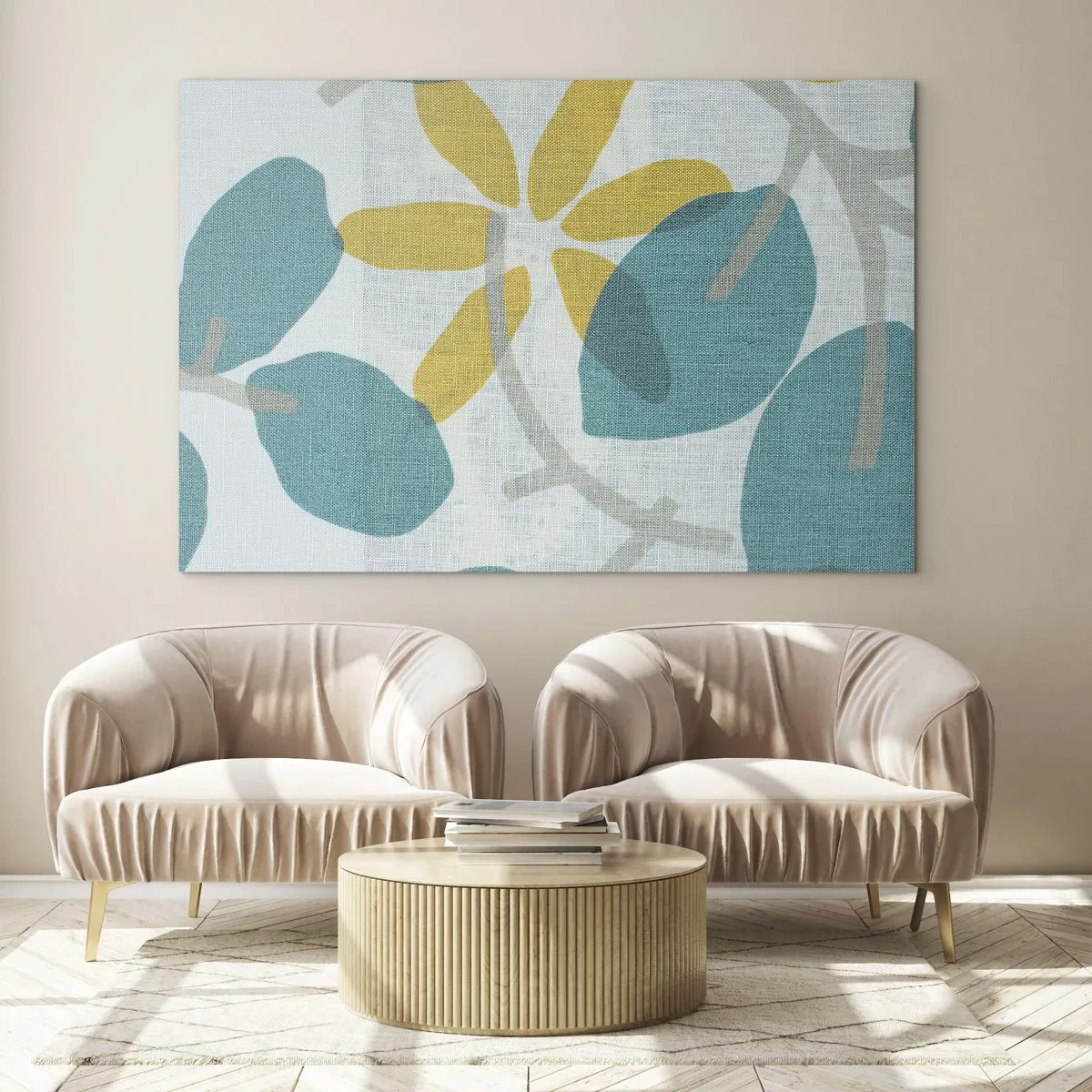 Impression sur verre - Image sur verre - Un graphique végétal avec des feuilles azur et des fleurs jaunes - 100x70cm - Wśród lazurowych liści - Décoration murale moderne pour le salon et la chambre ARTTOR