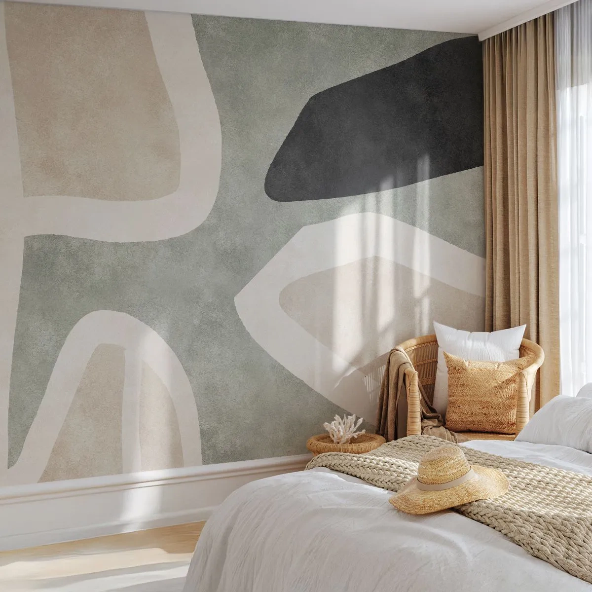 Papier Peint Photo Premium Sand - Forme abstraite avec du beige, du vert et du noir - 100x70cm - Composition pour motif noir - Décoration murale moderne pour le salon et la chambre ARTTOR
