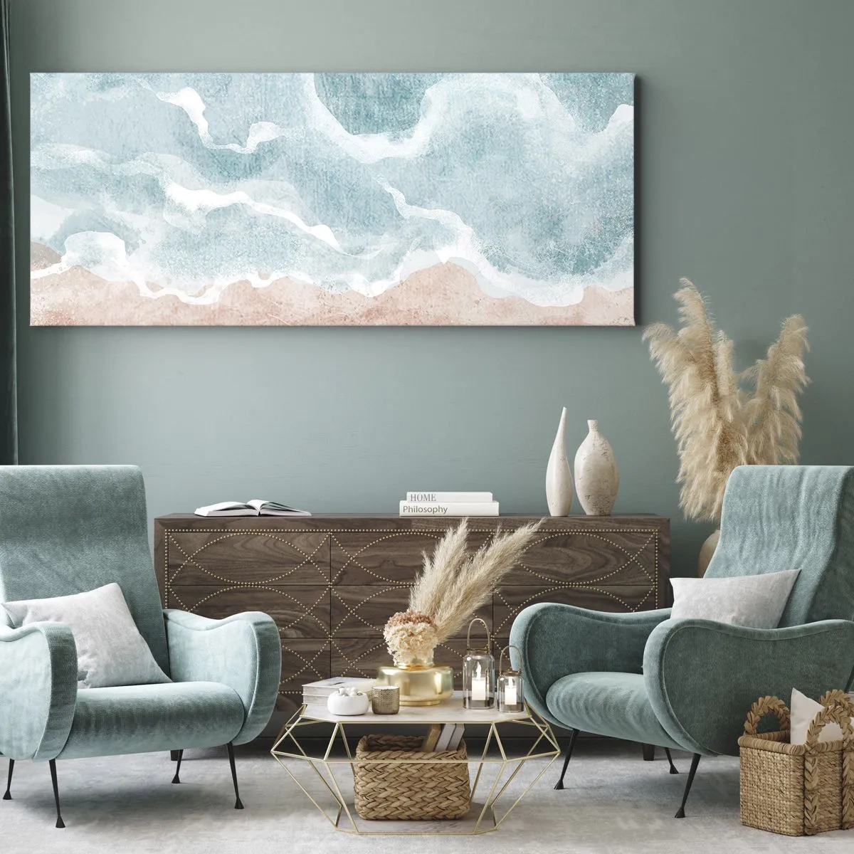 Impression sur toile - Image sur toile - Plage abstraite avec des vagues dans les tons bleus et beiges - 140x50cm - Abstraction du nuage - Décoration murale moderne pour le salon et la chambre ARTTOR
