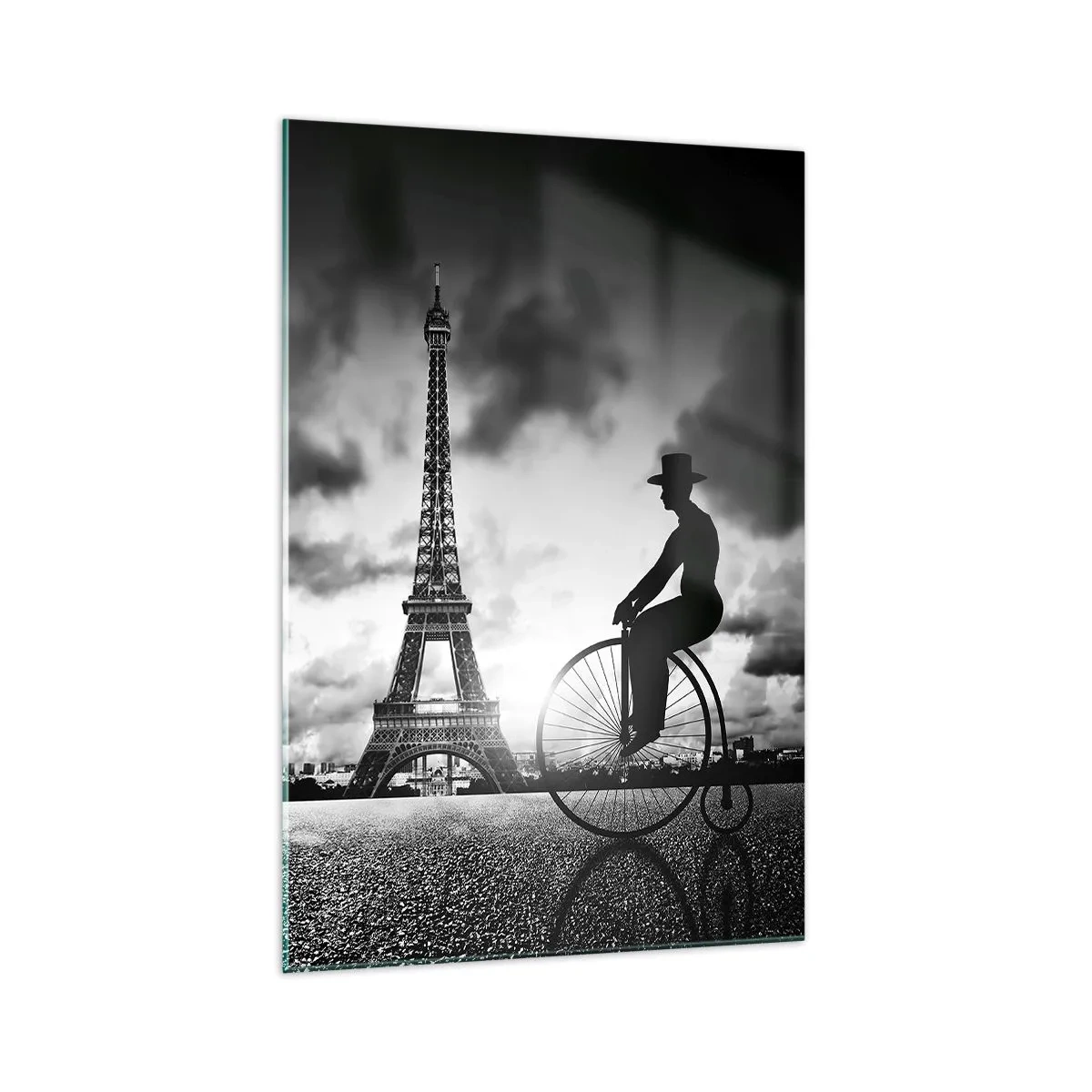 Impression sur verre - Image sur verre - Image en noir et blanc d'un vélo rétro avec la tour Eiffel en arrière-plan - 70x100cm - Nostalgie de la Belle Epoque - Décoration murale moderne pour le salon et la chambre ARTTOR