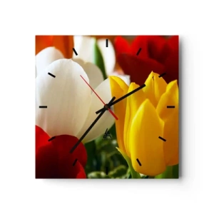 Horloge murale - Pendule murale - Gros plan de tulipes colorées sur un fond printanier - 30x30cm - La fièvre des tulipes - Décoration murale moderne pour le salon et la chambre ARTTOR