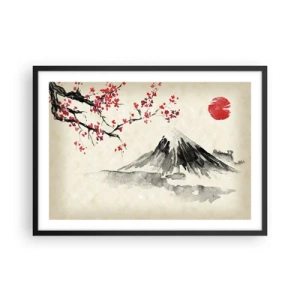 Affiche dans un cadre noir - Poster - Un paysage pittoresque avec une montagne, des cerisiers en fleurs et du soleil - 70x50cm - Tomber amoureux du Japon - Décoration murale moderne pour le salon et la chambre ARTTOR