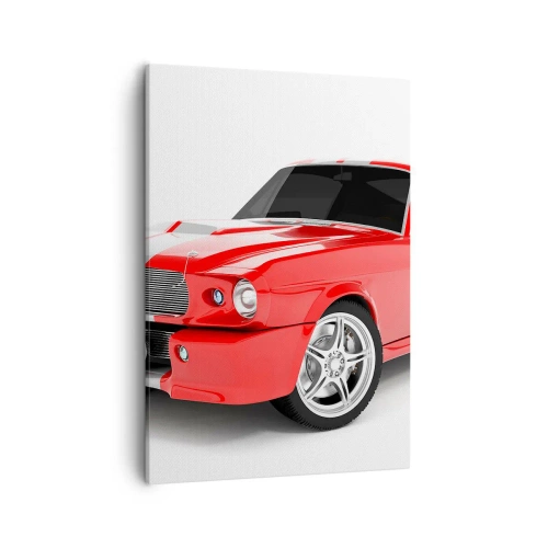 Impression sur toile - Image sur toile - Voiture de sport rouge à rayures blanches - 50x70cm - Une Mustang aussi rapide que le vent - Décoration murale moderne pour le salon et la chambre ARTTOR