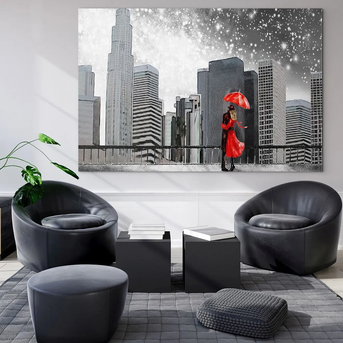 Impression sur verre - Image sur verre - Un couple avec un parapluie rouge debout devant un paysage urbain la nuit - 100x70cm - L'homme n'est pas une pierre - Décoration murale moderne pour le salon et la chambre ARTTOR