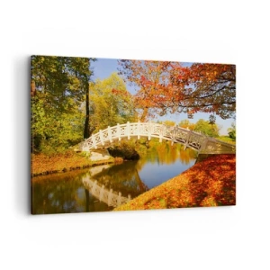 Impression sur toile - Image sur toile - Un pont dans un parc entouré de feuilles d'automne sur une eau calme - 100x70cm - Sur le pont blanc des soupirs - Décoration murale moderne pour le salon et la chambre ARTTOR