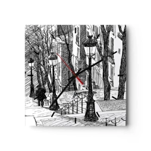 Horloge murale - Pendule murale - Une rue avec des lampadaires et une silhouette humaine en technique d'esquisse - 30x30cm - Une histoire d'amour ou une histoire d'horreur ? - Décoration murale moderne pour le salon et la chambre ARTTOR