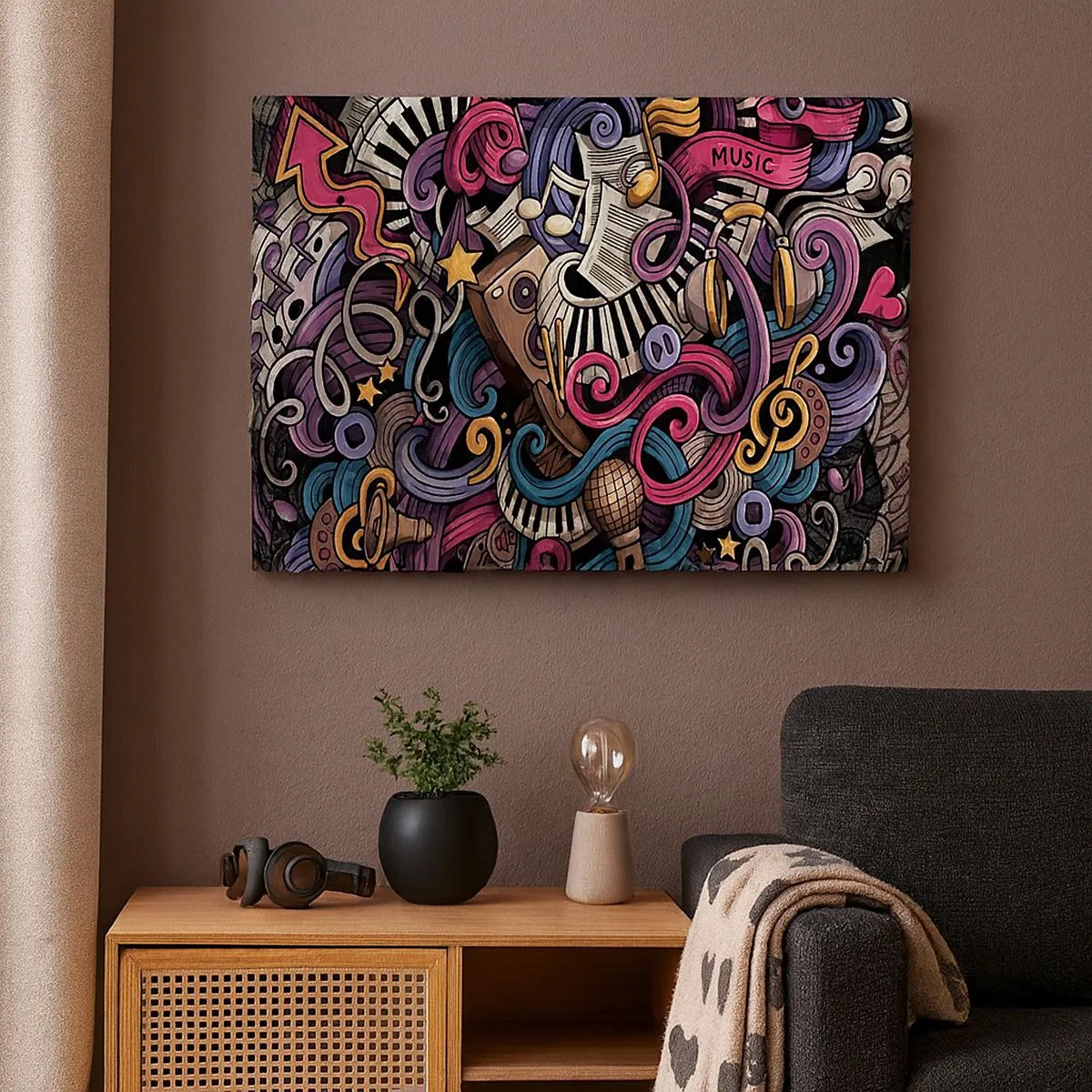 Impression sur toile - Image sur toile - Une abstraction musicale pleine d'instruments et de notes colorées. - 70x50cm - Mélodie compliquée - Décoration murale moderne pour le salon et la chambre ARTTOR