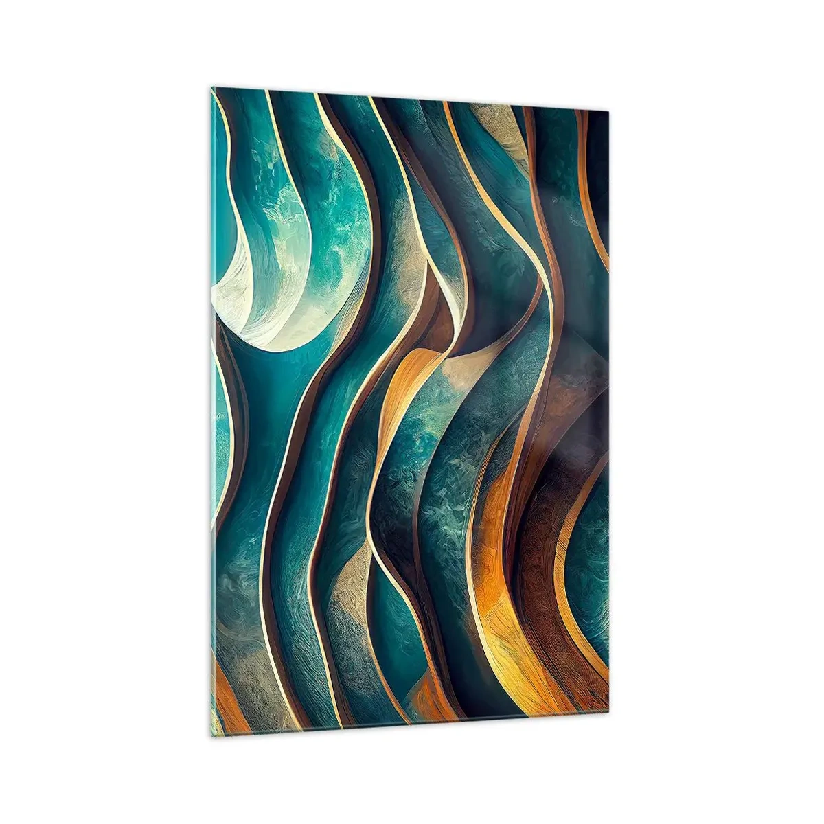 Impression sur verre - Image sur verre - Vagues abstraites dans des tons turquoise et or - 70x100cm - Méandres de bleu - Décoration murale moderne pour le salon et la chambre ARTTOR