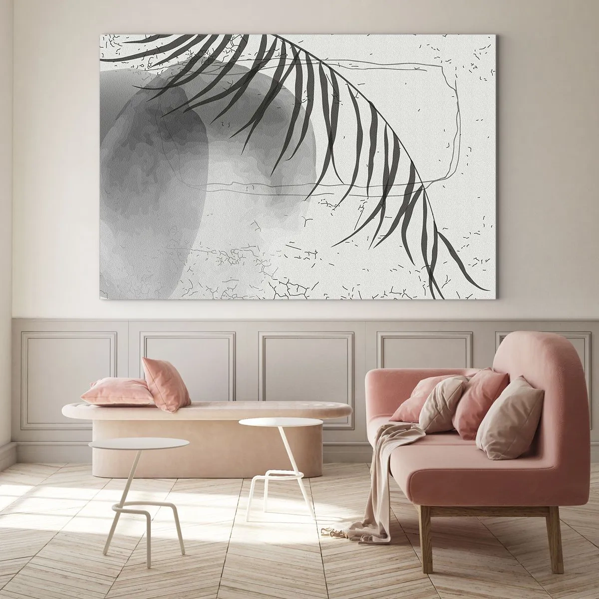 Impression sur verre - Image sur verre - Graphique d'ombre de feuille de palmier en noir et blanc - 70x50cm - L'exotisme subtil de la nature - Décoration murale moderne pour le salon et la chambre ARTTOR
