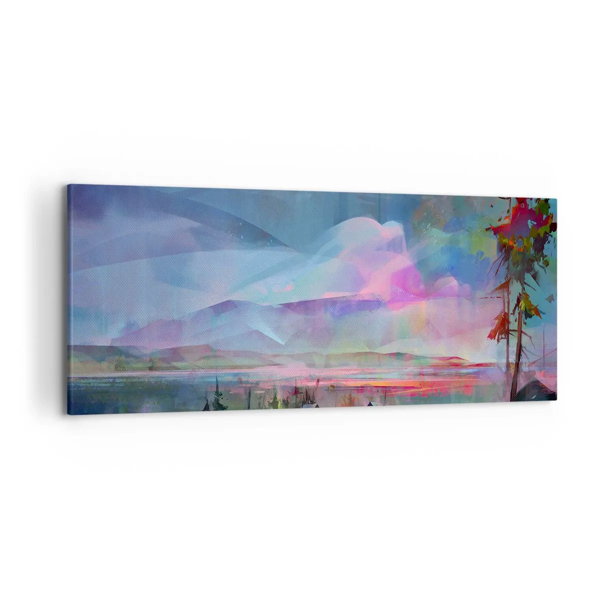 Impression sur toile - Image sur toile - Paysage de montagne avec un ciel coloré et un village - 120x50cm - Sous un ciel bienveillant - Décoration murale moderne pour le salon et la chambre ARTTOR