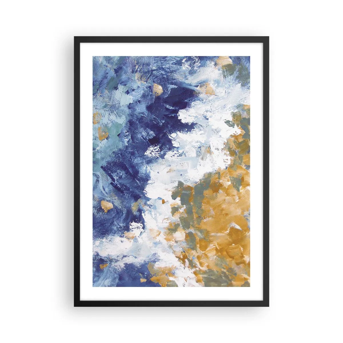Affiche dans un cadre noir - Poster - Une composition abstraite dans des tons de bleu, blanc et or. - 50x70cm - Danse des éléments - Décoration murale moderne pour le salon et la chambre ARTTOR