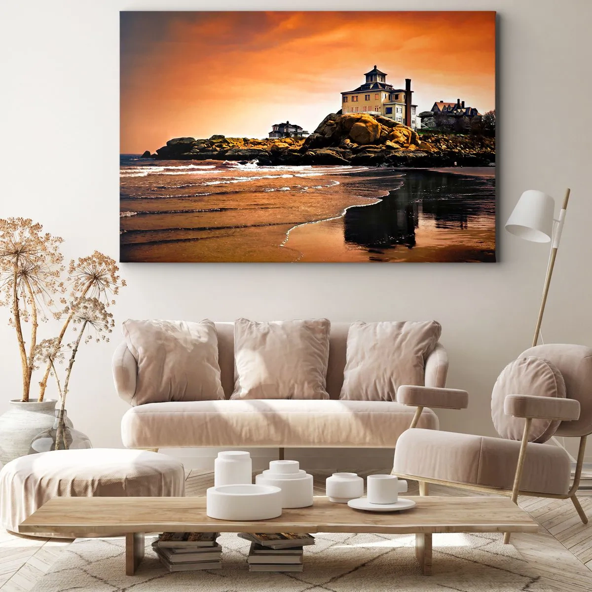 Impression sur toile - Image sur toile - Une maison sur un rocher près de la plage au coucher du soleil avec son reflet dans l'eau - 70x50cm - L'élégance de la côte ouest - Décoration murale moderne pour le salon et la chambre ARTTOR