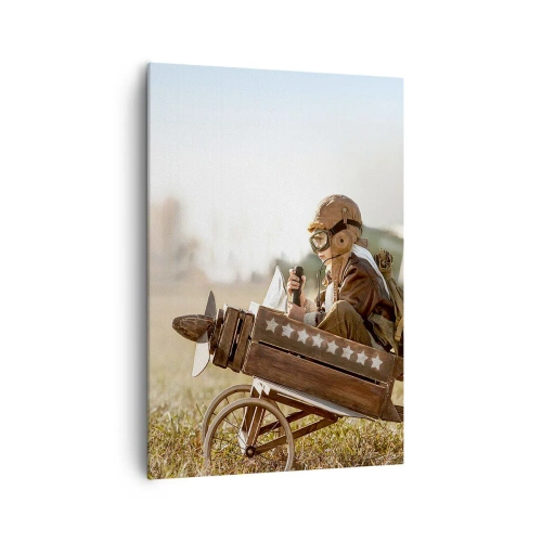 Impression sur toile - Image sur toile - Un enfant dans un avion jouet avec un champ en arrière-plan - 70x100cm - Départ vers un rêve - Décoration murale moderne pour le salon et la chambre ARTTOR