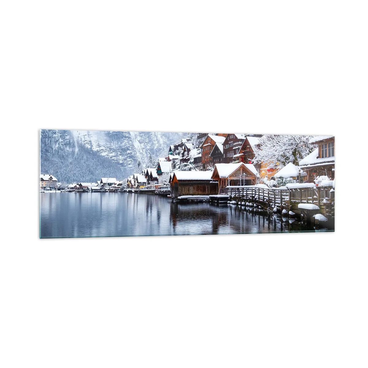 Impression sur verre - Image sur verre - Vue hivernale d'un village de montagne au bord du lac - 160x50cm - En décoration hivernale - Décoration murale moderne pour le salon et la chambre ARTTOR