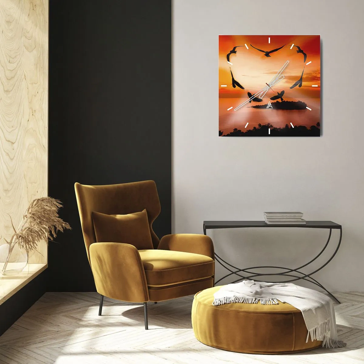 Horloge murale - Pendule murale - Oiseaux formant un cœur sur fond de soleil couchant - 30x30cm - Aimer le monde comme les oiseaux - Décoration murale moderne pour le salon et la chambre ARTTOR