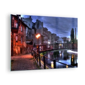 Impression sur verre - Image sur verre - Une charmante rue le long du canal avec un pont et un éclairage du soir - 70x50cm - Tu n'as pas connu ce Bydgoszcz - Décoration murale moderne pour le salon et la chambre ARTTOR