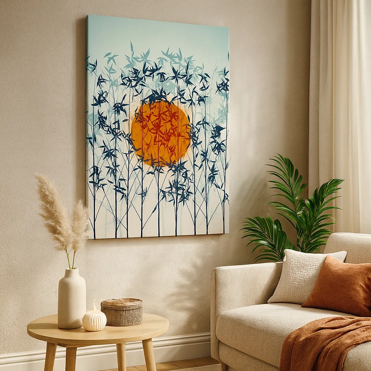 Impression sur toile - Image sur toile - Soleil orange parmi les branches de bambou - 50x70cm - Soleil japonnais - Décoration murale moderne pour le salon et la chambre ARTTOR