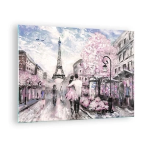 Impression sur verre - Image sur verre - Couple romantique à Paris avec la Tour Eiffel en arrière-plan - 70x50cm - Comment tomber amoureu, il faut juste... - Décoration murale moderne pour le salon et la chambre ARTTOR