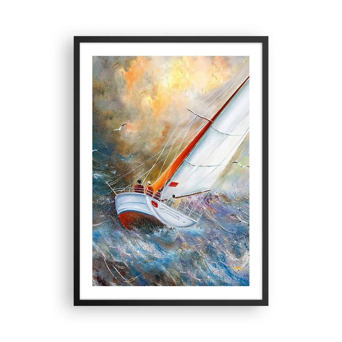 Affiche dans un cadre noir - Poster - Un yacht naviguant sur une mer agitée dans un paysage pittoresque - 50x70cm - Concourir sur les vagues - Décoration murale moderne pour le salon et la chambre ARTTOR