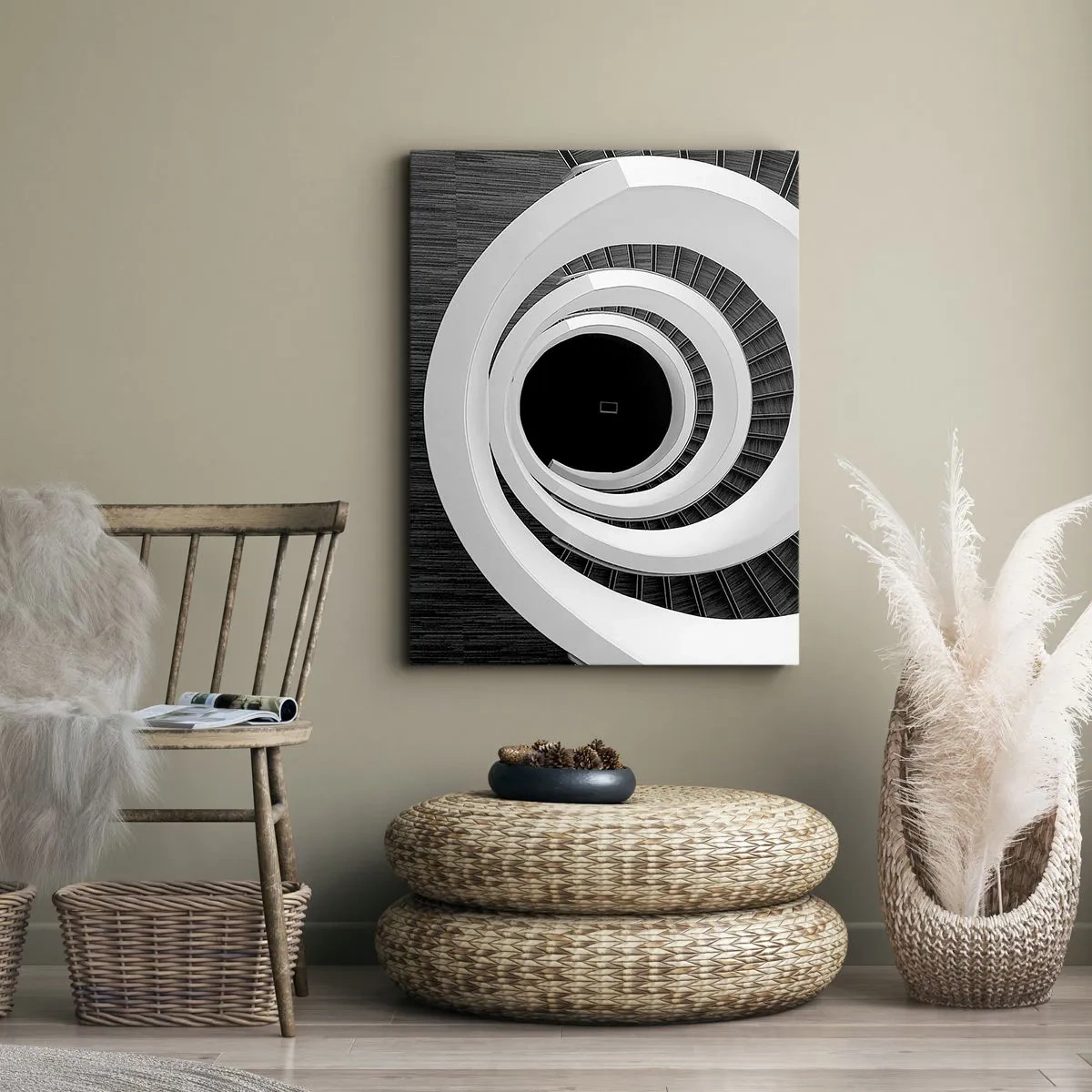 Impression sur toile - Image sur toile - Escalier en colimaçon noir et blanc de style moderne - 70x100cm - Les choses concrêtes - Décoration murale moderne pour le salon et la chambre ARTTOR