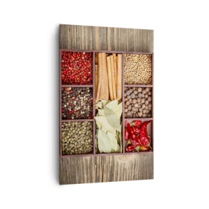 Impression sur toile - Image sur toile - Boîte en bois avec diverses épices dans des compartiments - 80x120cm - Ordre des formes, bouquet d'arômes - Décoration murale moderne pour le salon et la chambre ARTTOR