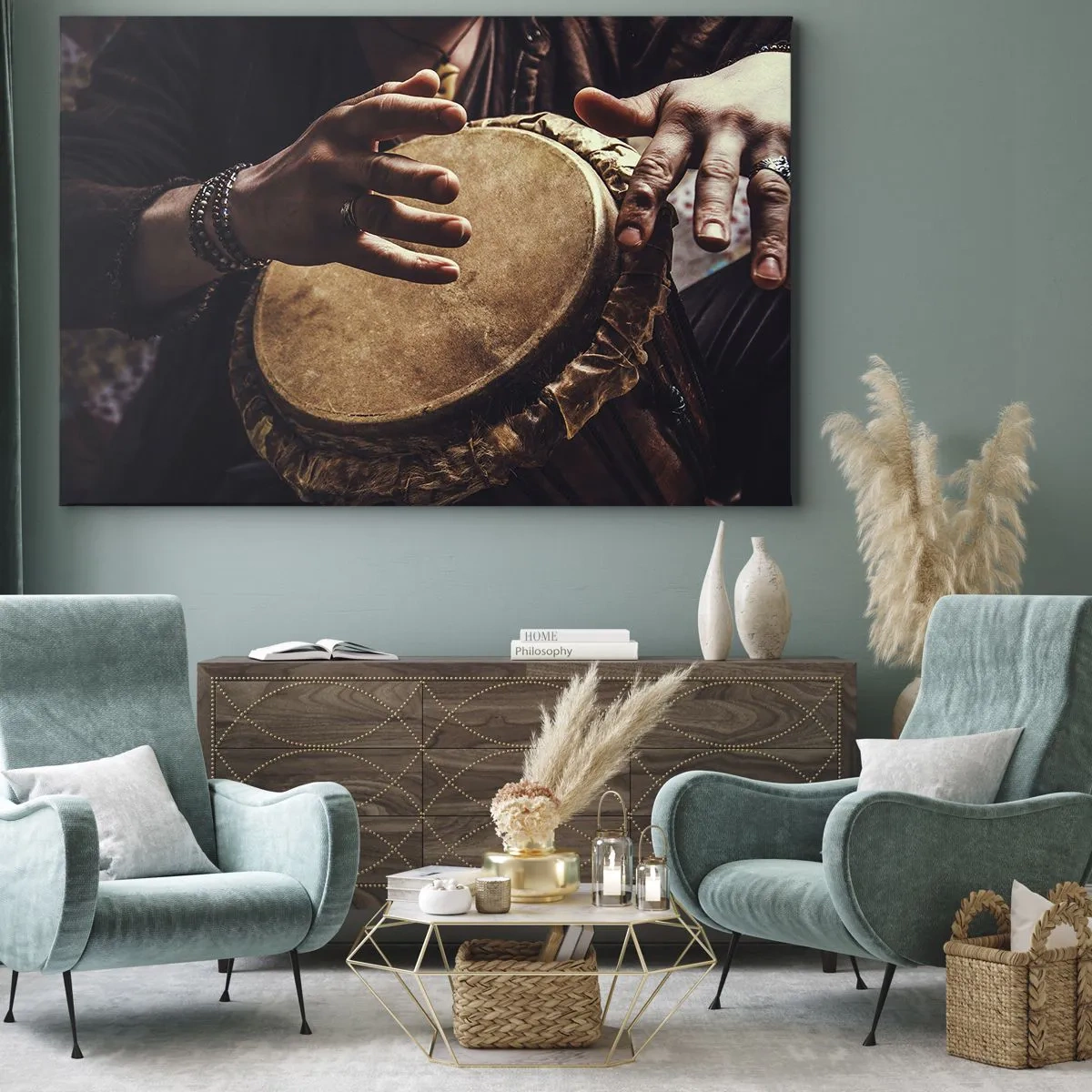 Impression sur toile - Image sur toile - Mains jouant sur un djembé traditionnel - 70x50cm - Au rythme du coeur - Décoration murale moderne pour le salon et la chambre ARTTOR