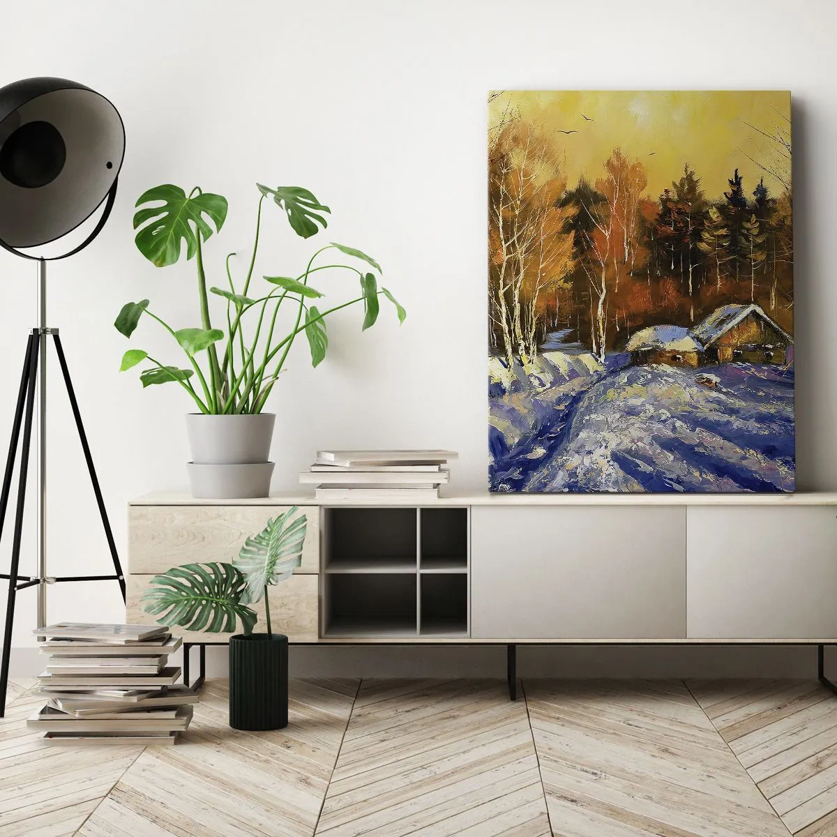 Impression sur toile - Image sur toile - Paysage d'hiver avec une maison à la lumière du soleil couchant - 80x120cm - Impression d'hiver au soleil - Décoration murale moderne pour le salon et la chambre ARTTOR